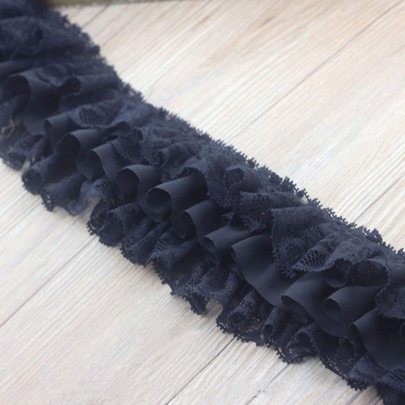 Zthread 5 Yards 3-3/4" Wide Ruffled Lace Trims Pleated Lace Trim for Dress Extender Sewing Accessories 2 Colors for Selection (Black) - Image 2